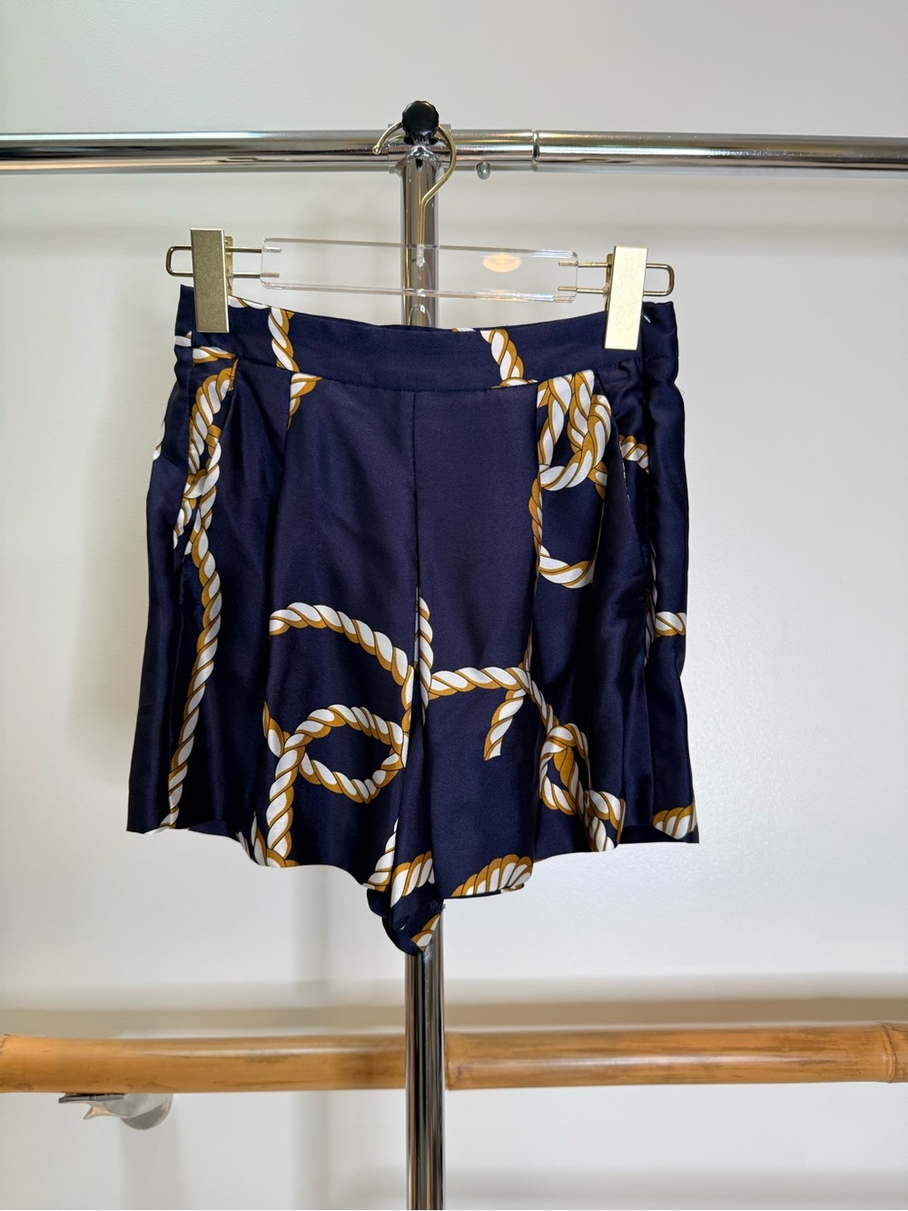 Zara Navy Rope Print High-Waisted Pleated Shorts XS - Picture 3 of 4
